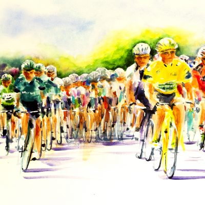 
Juillet 2011 Tour de France, Aigne   En maillot vert Mark Cavendish (GB), en maillot jaune Thomas Voeckler (FR)
Direct Watercolour on Monali paper 
81cm x 66cm -SOLD
