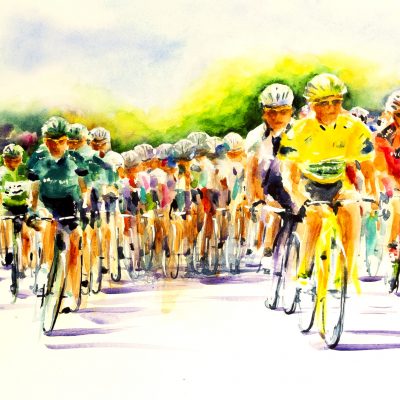 Juillet 2011 Tour de France, Aigne   En maillot vert Mark Cavendish (GB), en maillot jaune Thomas Voeckler (FR)
Direct Watercolour on Monali paper 
81cm x 66cm -SOLD
