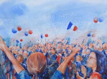 Allez Les Bleus! 
15/7/2018 - Coupe du Monde, Bar 40, Quarante
Direct Watercolour on Monali paper with Gouache and Brusho
82cm x 64cm 675€
