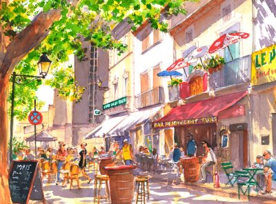 Place Jean Jaurès Capestang - aquarelle Annette Morris