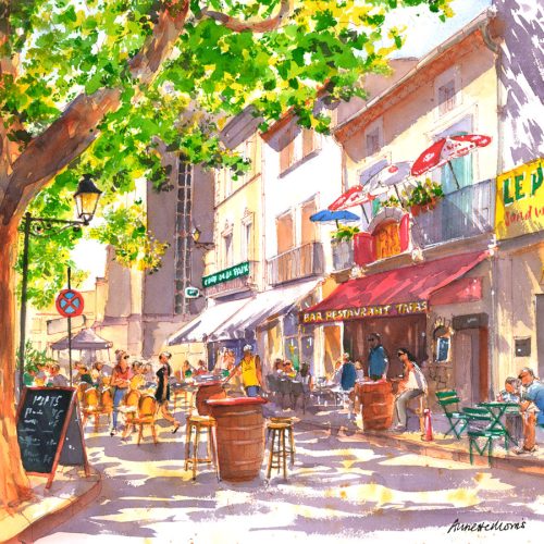 Place Jean Jaurès Capestang - aquarelle Annette Morris